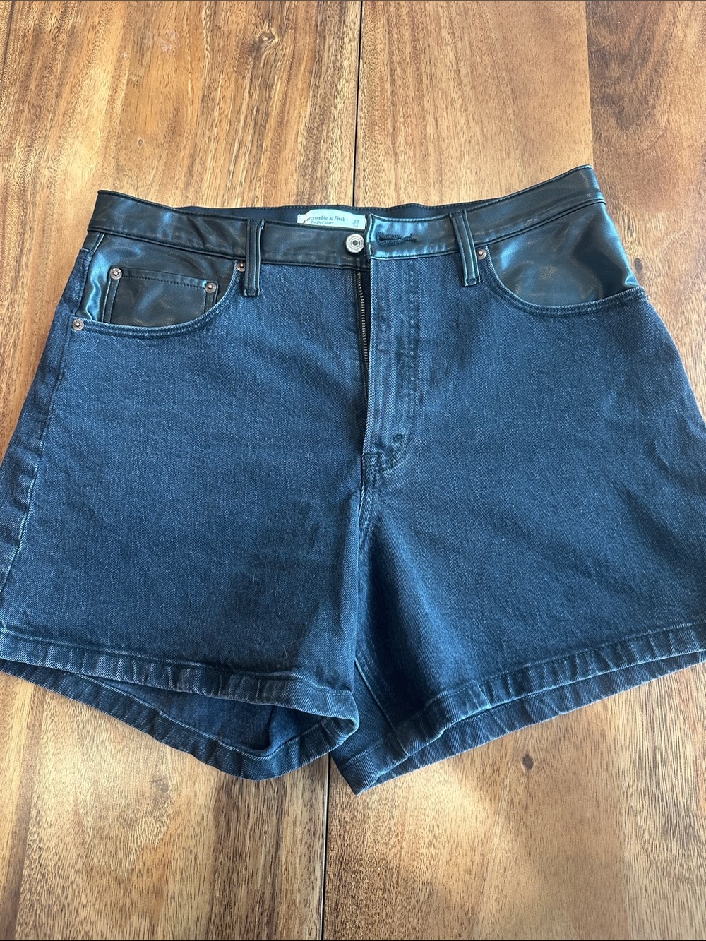 Abercrombie & Fitch Black Denim Shorts with Faux Leather Trim